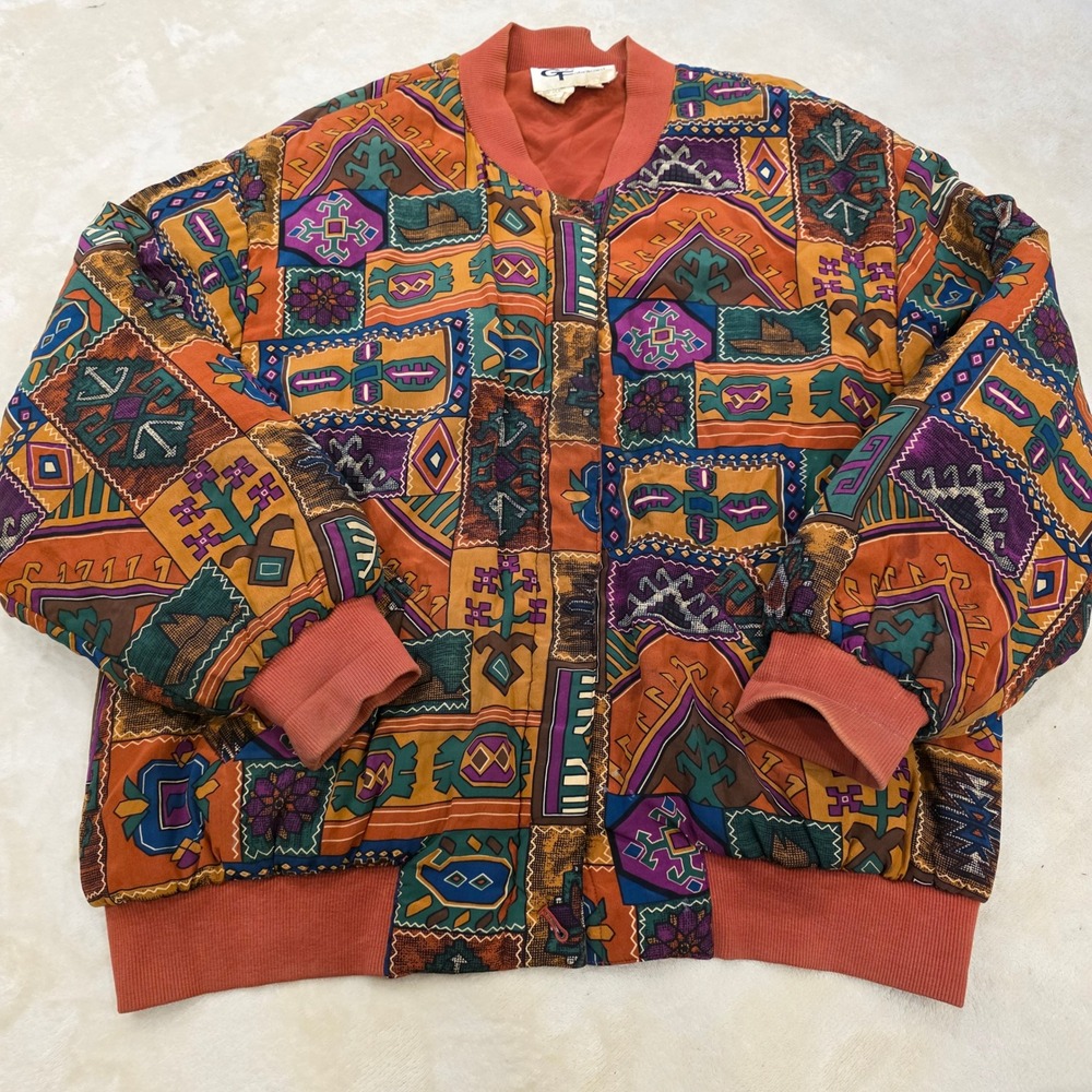 Vintage 90s Gary Fabrikant Silk Bomber Jacket Abstract Tribal Boho Size 12